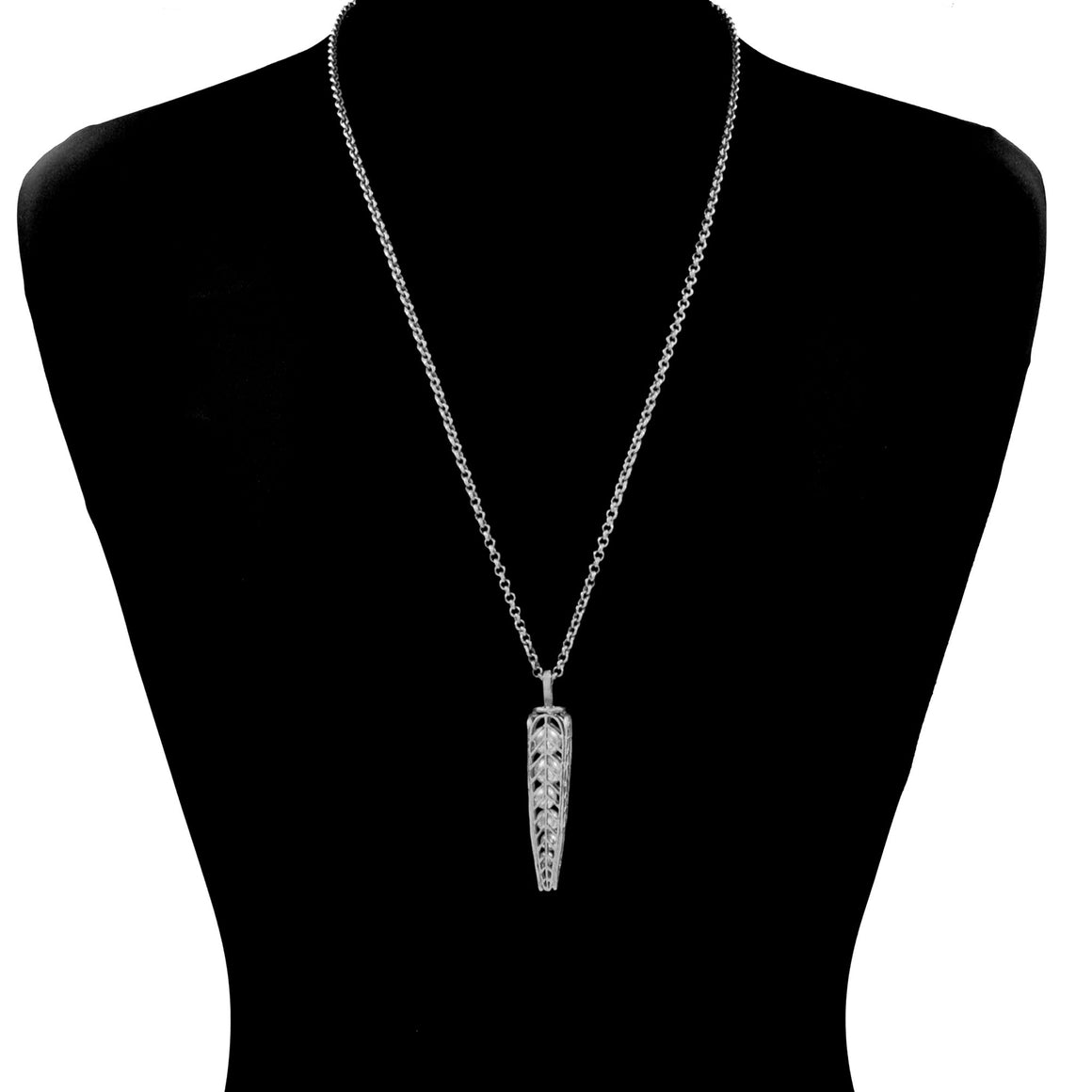 Caged Pearl Chevron Leaf Necklace - Platinum Silver