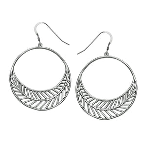 Chevron Leaf Circle Earrings - Platinum Silver