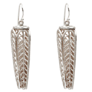 Caged Pearl Chevron Leaf Earrings - Platinum Silver