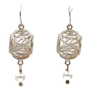 Caged Pearl Ball Earrings - Platinum Silver