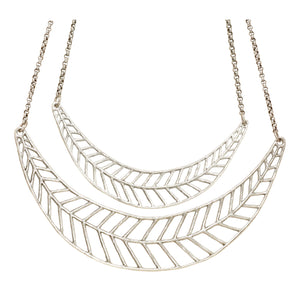 Chevron Leaf Collar Necklace (Double) - Platinum Silver