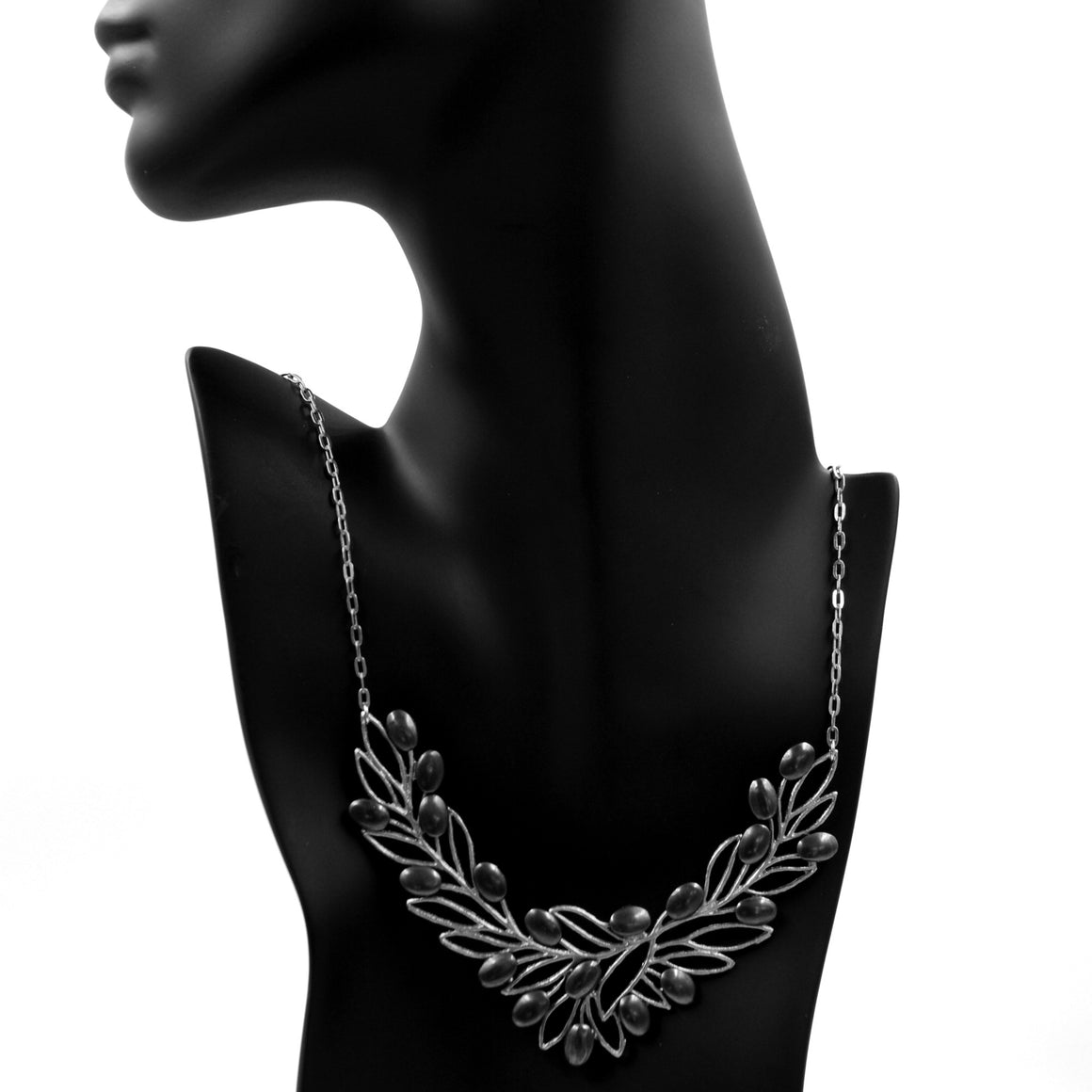 Olive Branch Olives and Leaves Collar Necklace - Platinum Silver