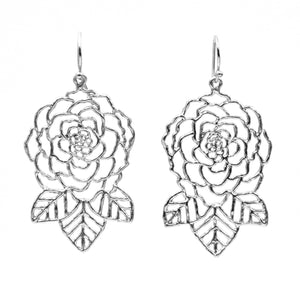 Rose and Leaves Earrings - Platinum Silver