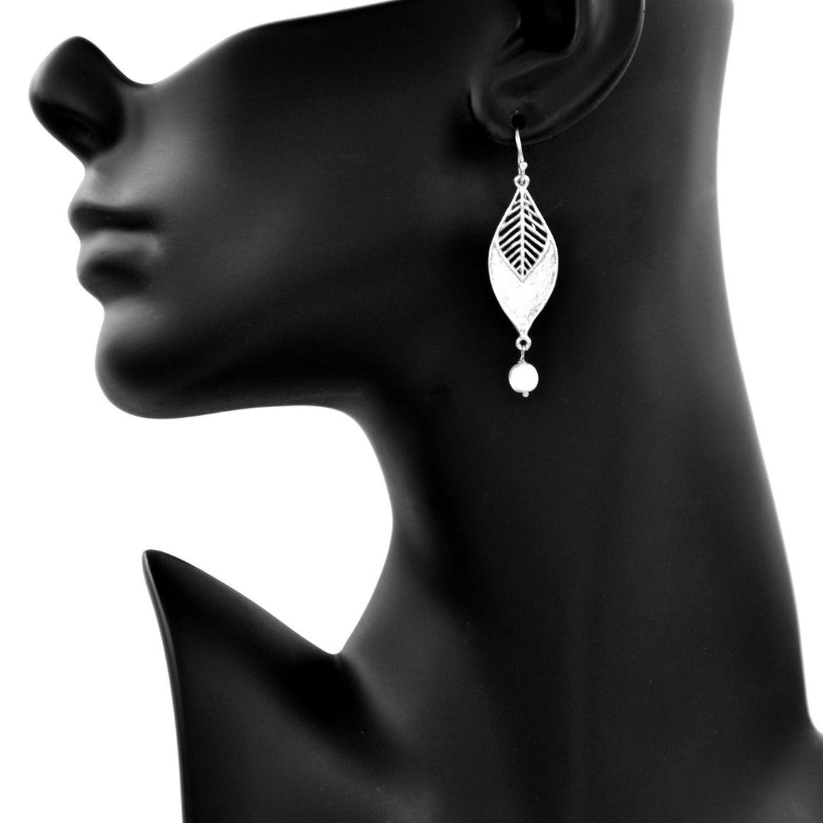 Chevron Leaf Pearl Earrings - Platinum Silver