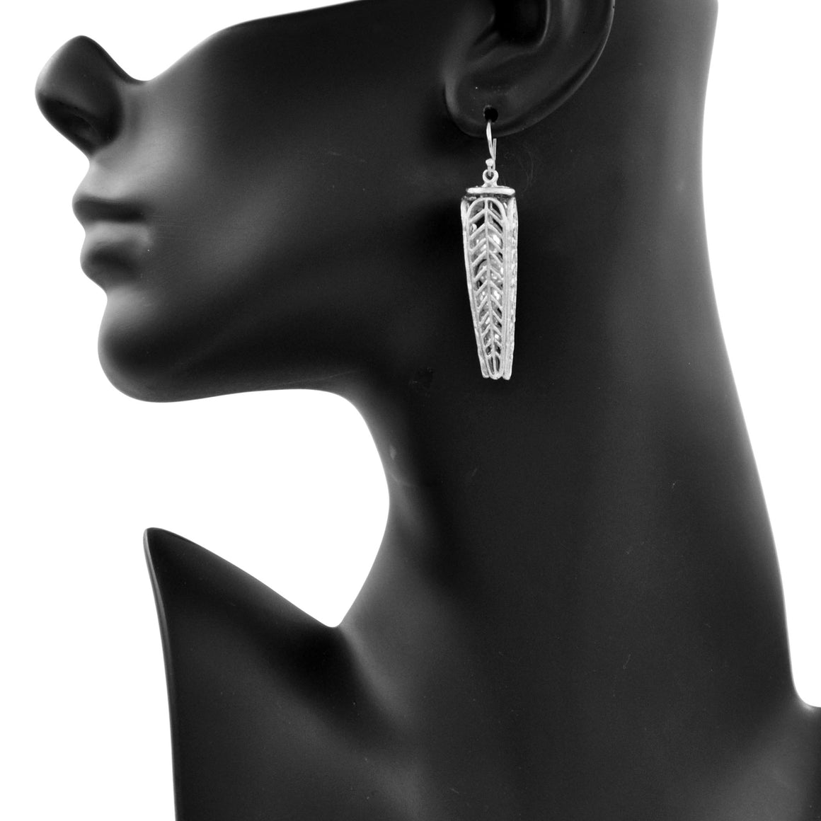 Caged Pearl Chevron Leaf Earrings - Platinum Silver
