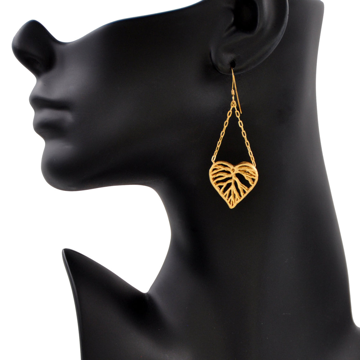 Heart Leaf Dimensional Dangling Earrings - 24K Gold Plated