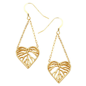 Heart Leaf Dimensional Dangling Earrings - 24K Gold Plated