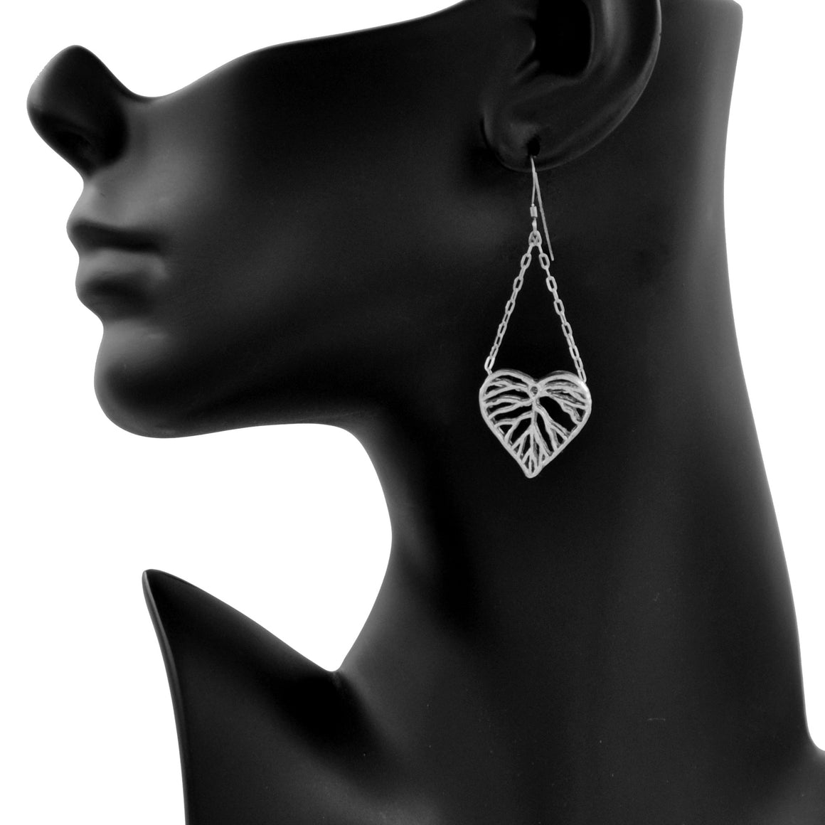 Heart Leaf Dimensional Dangling Earrings - Platinum Silver