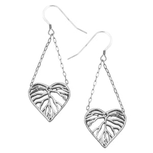 Heart Leaf Dimensional Dangling Earrings - Platinum Silver