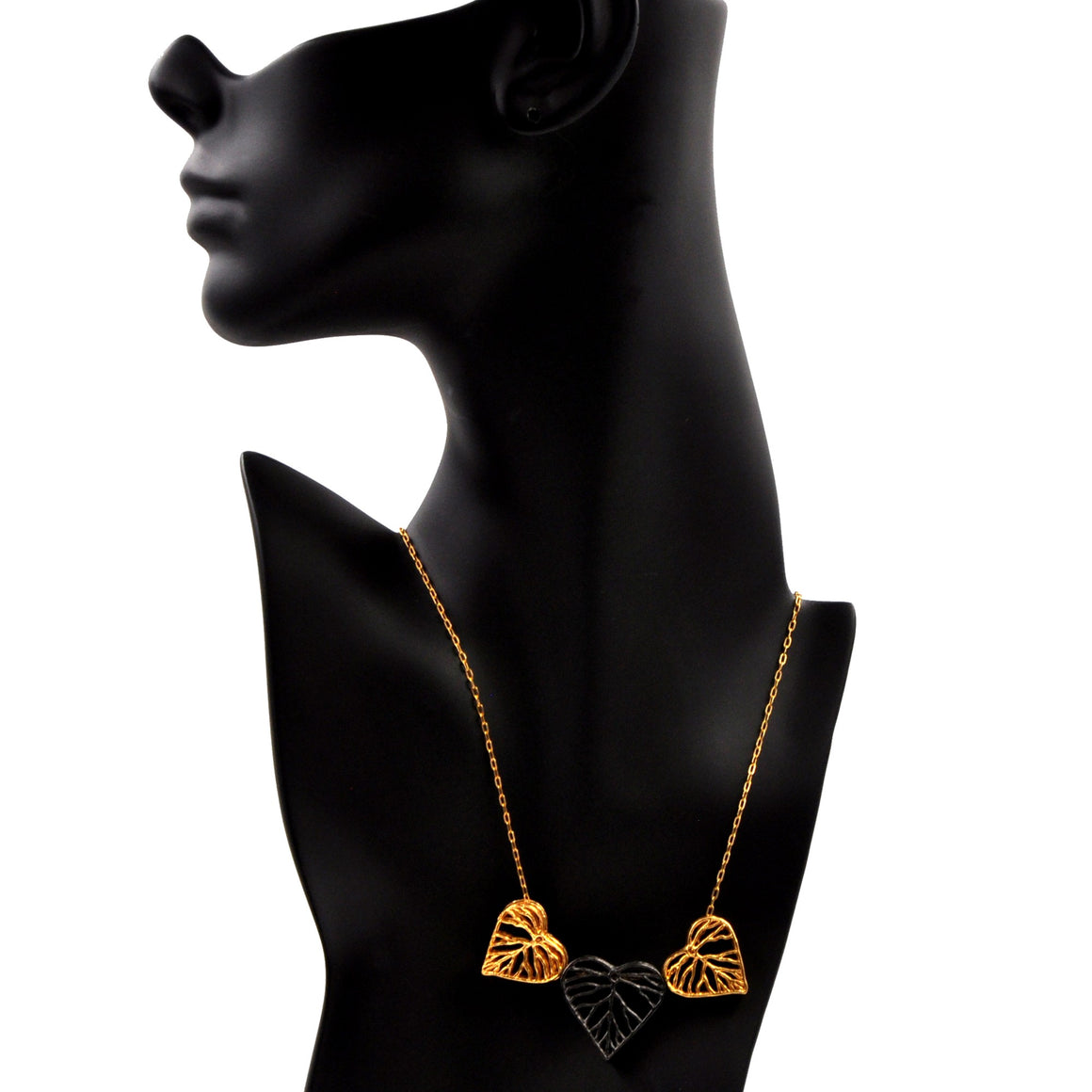 Heart Leaf Dimensional Necklace (Three Hearts) - 24K Gold Plated