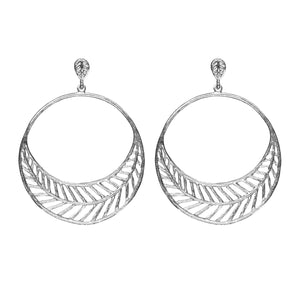 Chevron Leaf Circle Earrings (Post) - Platinum Silver