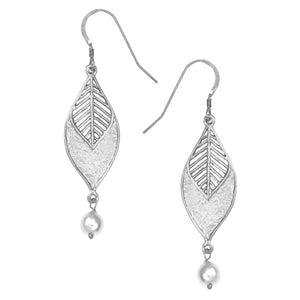 Chevron Leaf Pearl Earrings - Platinum Silver