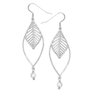Chevron Double Leaf Pearl Earrings - Platinum Silver