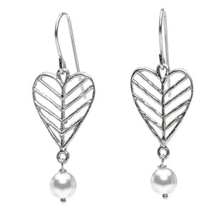 Chevron Leaf Heart Pearl Earrings - Platinum Silver
