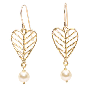 Chevron Leaf Heart Pearl Earrings - 24K Gold Plated
