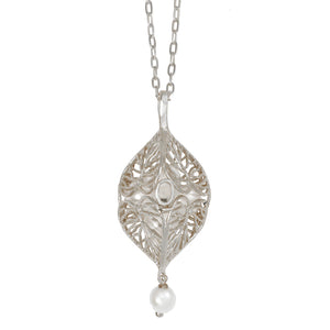 Caged Pearl Heart Leaf Necklace - Platinum Silver