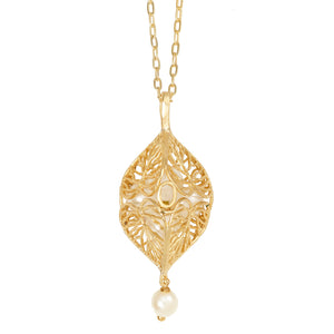 Caged Pearl Heart Leaf Necklace - 24K Gold Plated