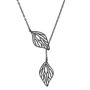 Open Leaf Lariat Y Necklace - Gunmetal
