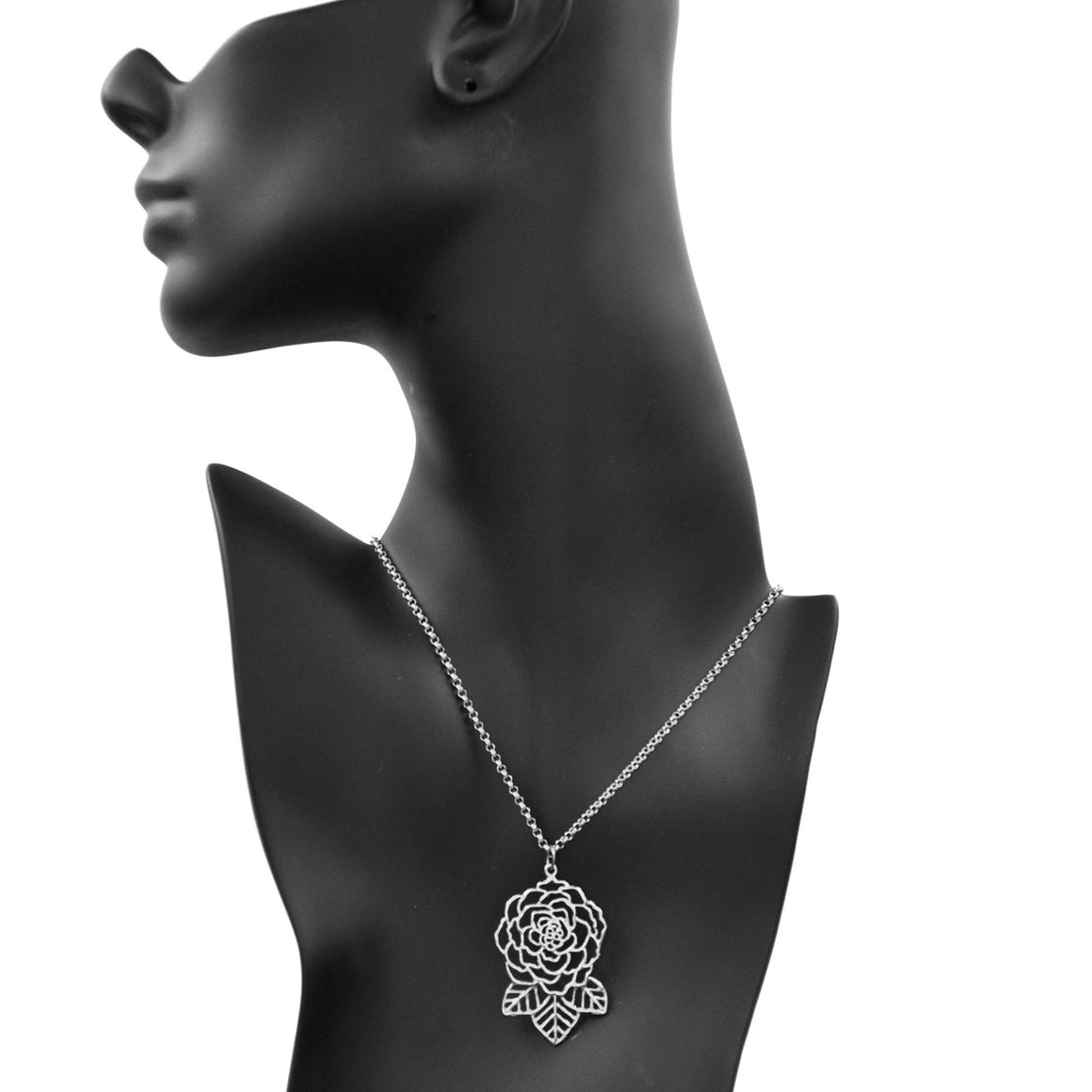 Rose and Leaves Necklace - Platinum Silver