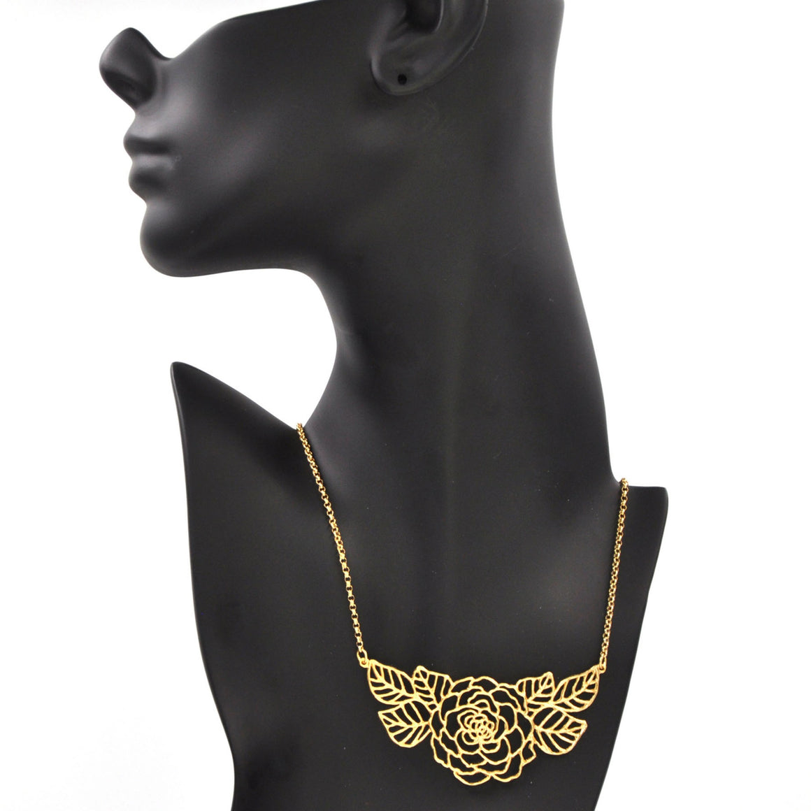 Rose Collar Necklace with Leaves - 24K Gold Plated