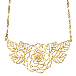 Rose Collar Necklace with Leaves - 24K Gold Plated