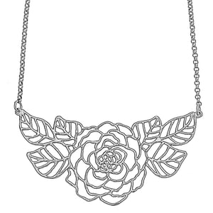 Rose Collar Necklace with Leaves - Platinum Silver